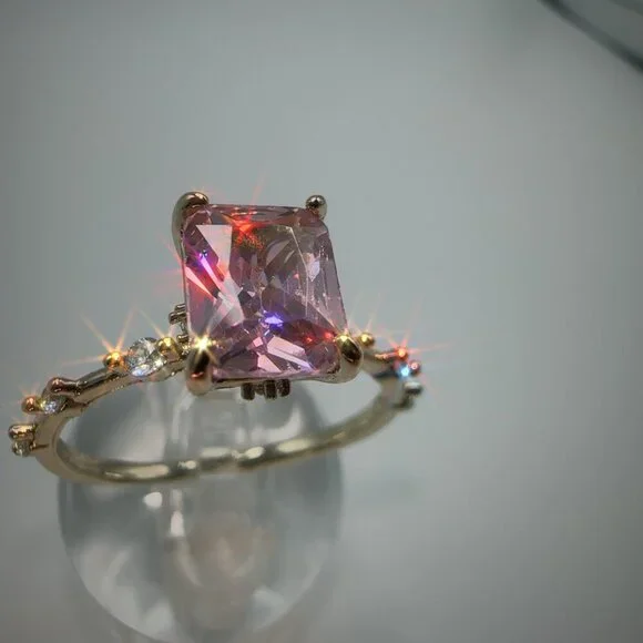 Princess Cut Pink CZ Ring Gold Plated Brass Size 7 - Picture 17 of 17